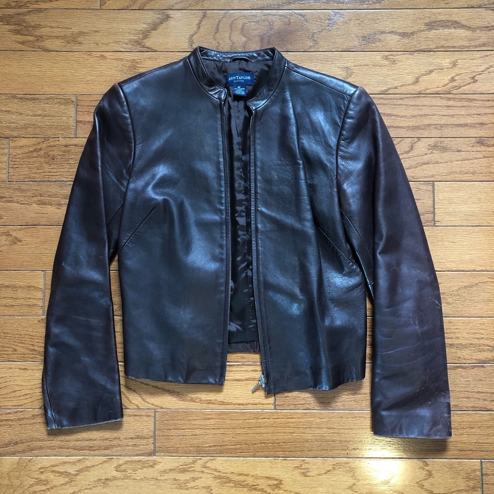 Ann Taylor Leather Jacket, brown petite small